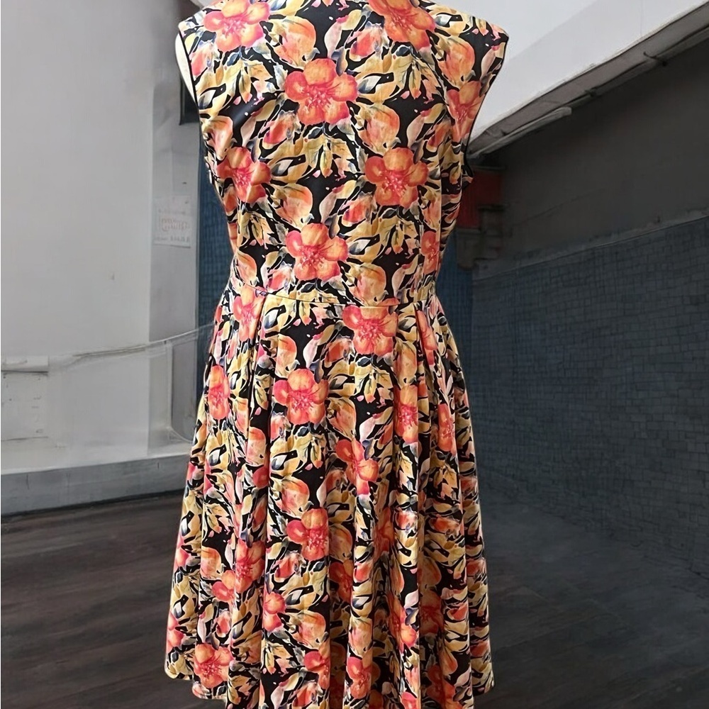 Pink and Orange A-Line Midi Dress with Notched Collar Size 10 - Picture 3 of 5